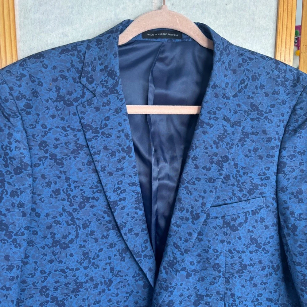 Perry Ellis Portfolio 38R Blue Floral Jacquard Two Button Blazer Jacket Men Slim